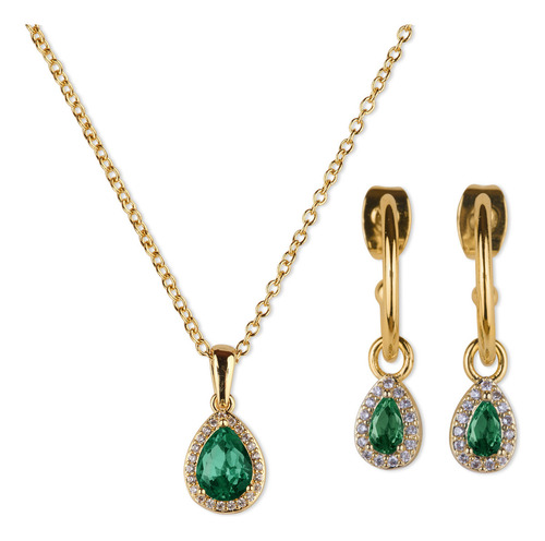Set Joyería Mujer Oro 14k Collar Aretes, Mamá Luckyly Color Verde