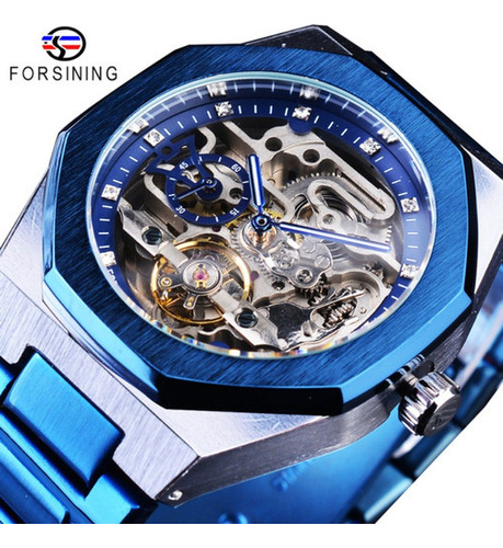Relojes De Pulsera Forsining Skeleton Diamond Tourbillon Color De La Correa Azul/blanco