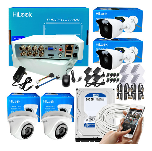 Kit Hilook Dvr 8 Ch 4 Cámaras De Seguridad + Utp 100% 60m