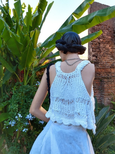 Remera Top Tejida Artesanal Algodon/saten Boho Crochet