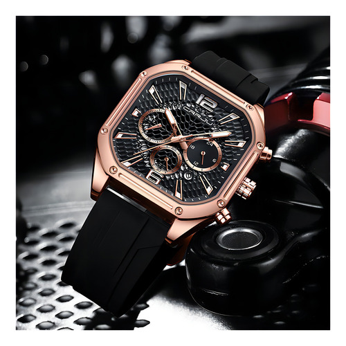 Relógio De Calendário Quadrado Crrju Business Chronograph Cor Da Correia Rosê/preto