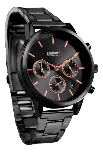 Reloj De Pulso Para Dama Con Subesferas Ø 38 Mm Steiner Correa Negro Bisel Negro Fondo Negro