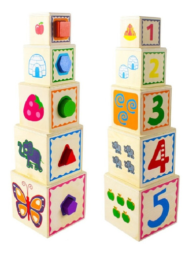 Juguete Cubo De Encaje Torre De Bloques De Madera 5 Cubos