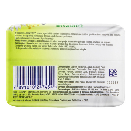 Imagem 4 de 4 de Sabão em barra Johnson's Erva-Doce Daily Care de 80 g