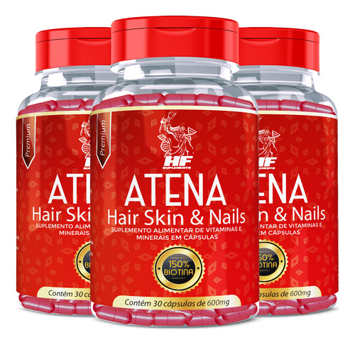 3x Atena Hair Skin Nails Hf Suplements 30caps 150% Biotina