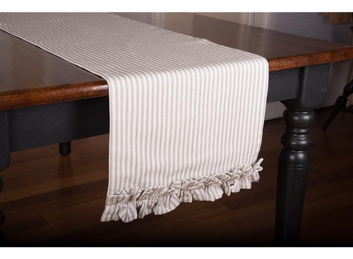 Home Collections By Raghu Grey Ticking Ruffle Table Runner, 