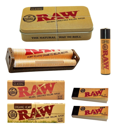 Pack Raw Enroladora 1 1/4 + Caja Metalica  + Papelillos