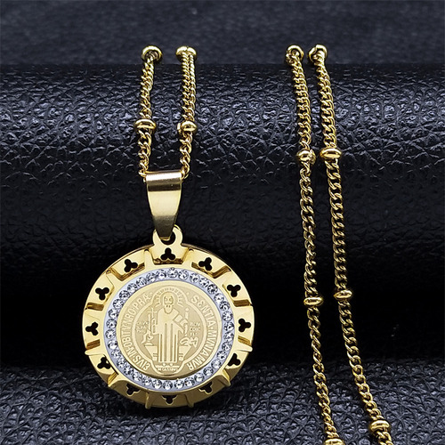 Colar dourado com medalha de São Bento dourado para mulheres, pingente e corrente de aço inoxidável, sacramento cristão, pingente religioso católico, proteção cruzada romana