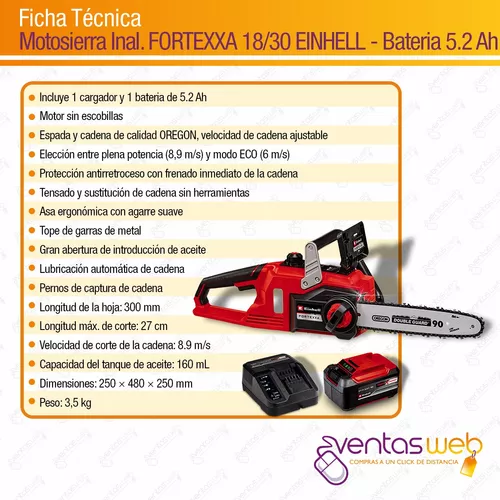 Motosierra Inalambrica Brushless Einhell 30cm Bateria 5,2 Ah