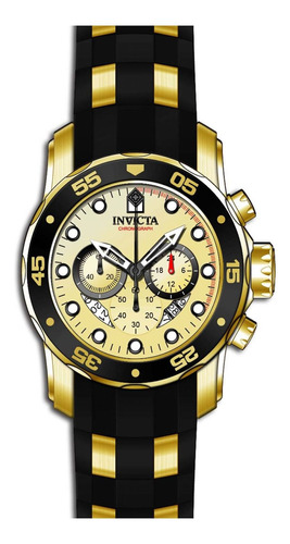 Pulseira de relógio masculina Invicta Gold, cor preta, cor da moldura, cor de fundo preta, amarelo