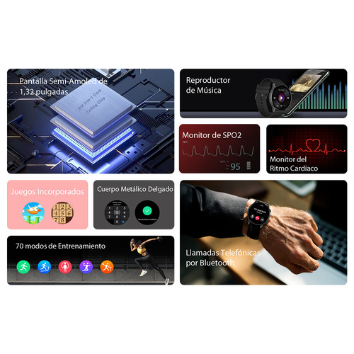 Imagen 7 de 10 de Smartwatch Kieslect Kr 1.32" caja 45.7mm de metal negra, malla negra de silicona y bisel negro