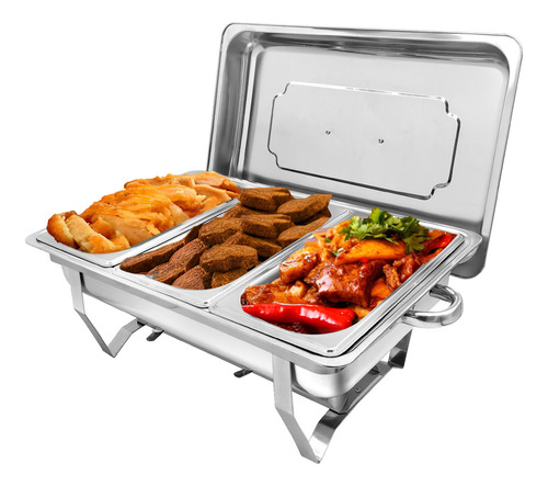 Rechaud Retangular Inox 3 Cubas Gn 1/3 X 65 Mm 9 Litros Buffet Self Service Banho Maria Com Alça E Tampa Removível