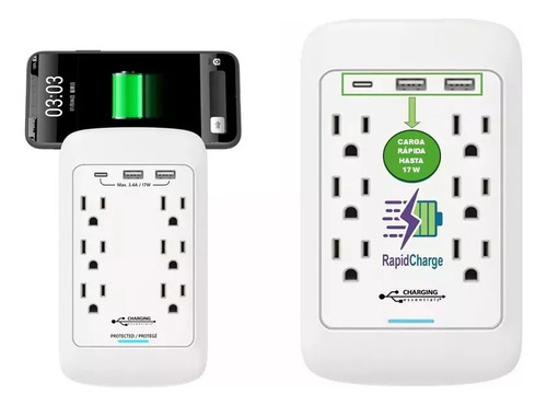 Multicontacto 2pza De Pared Con 2 Usb, 1 Tipo C Carga Rapida