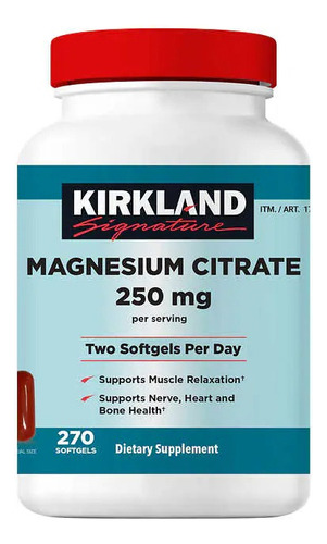 Citrato de magnésio Kirkland 250 mg com 270 cápsulas gelatinosas com sabor sem sabor