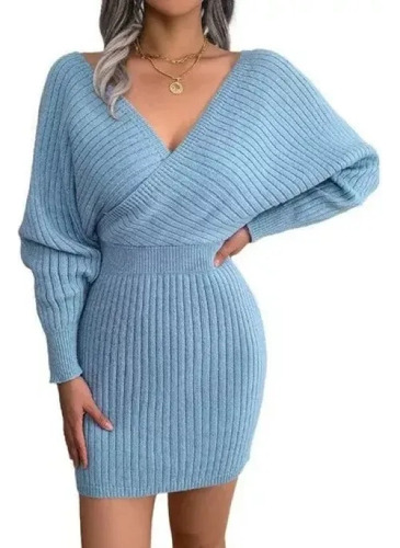 Vestido De Lana Con Cuello En V Tejido Invierno Para Mujer