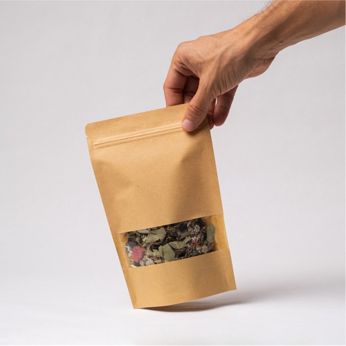 Imagen 3 de 6 de 100 Bolsa Stand Up Pouch C/cierre Kraft Ventana De 250 Grs