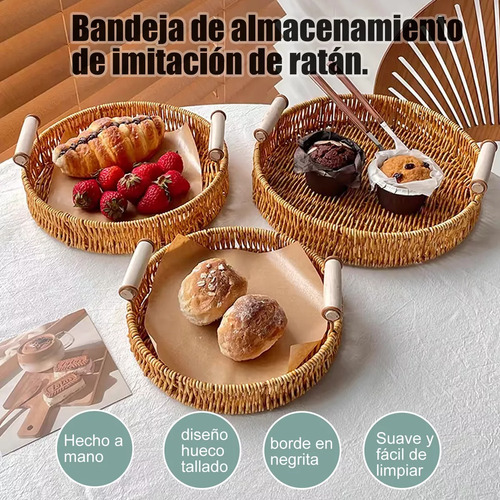 3pcs Canasta Ratán Mimbre Redonda Cestas Pan Bandeja Con Asa