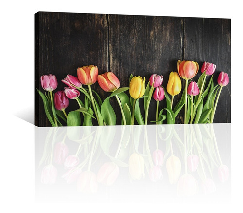 Cuadro Decorativo Naturaleza Canvas Flores Tulipanes Madera