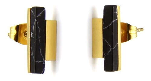 Aretes Acero Dorado Resina Mármoleado Negro Eg