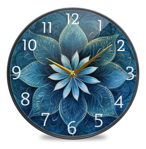 Reloj Pared Azul Mandala Flor Imagen 9.5  Redondo Silencioso