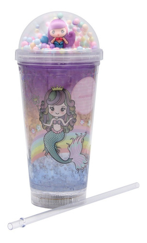 Vaso Con Bombilla Diseño Sirena Con Pelotitas Luces Kawaii