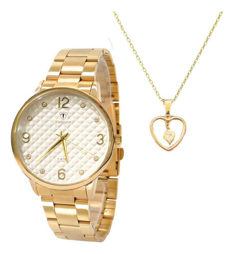 Kit Relógio Feminino Tuguir + Colar W2129-tu Tg35068 Dourado Fundo Branco