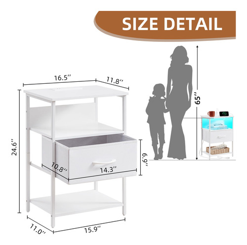 Mesita De Noche Blanca Con Carga Y Luz Led Para Dormitorio
