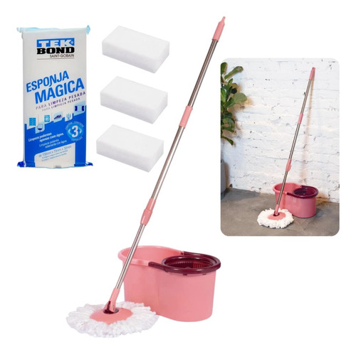 Esfregão Mop Pocket Rosa 8l Balde Limpeza+3 Esponjas Mágicas