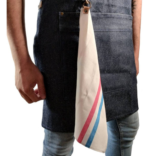 Delantal Jean Y Cuero Vacuno Genuino Cocina Barbería Barman