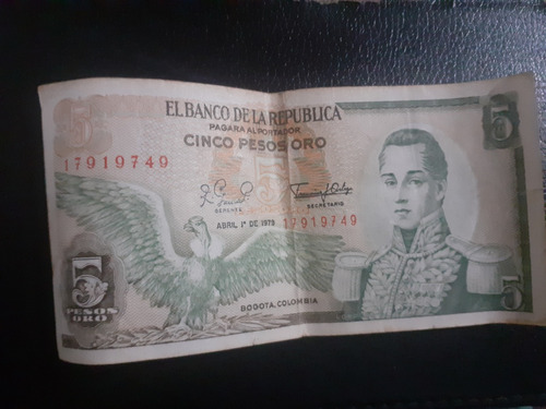 Billete De Cinco Pesos Oro Colombianos