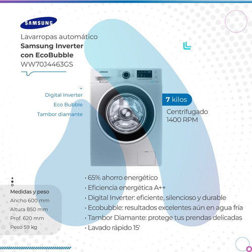 Imagen 2 de 10 de Lavarropas Automático Samsung Ww70j4463g Inverter Plata 7kg