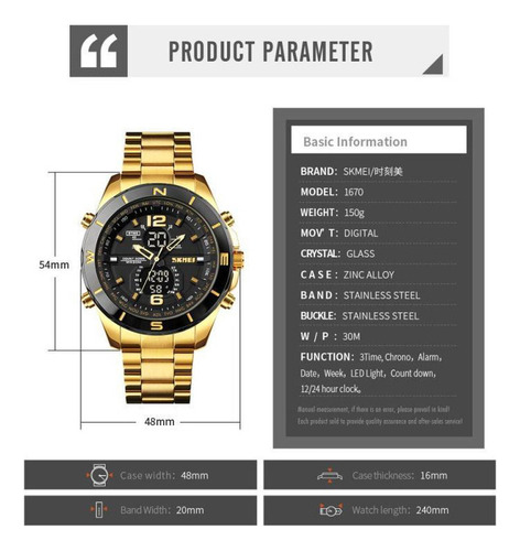 Reloj Electrónico De Acero Inoxidable Iluminado Skmei 1670