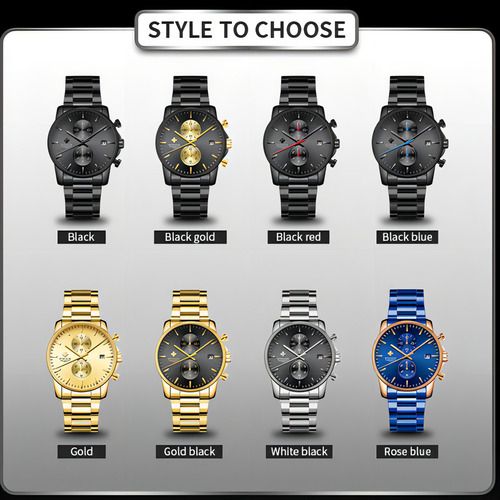 Reloj Cronógrafo Woor Steel Belts Con Calendario Simple Color del bisel Negro Color del fondo Negro