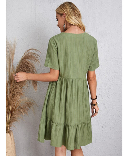 Vestido Corto Liso Holgado De Manga Corta Con Cuello En V