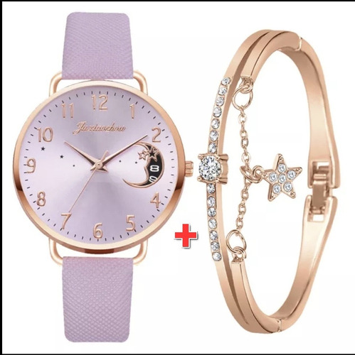 Conjunto Reloj Mujer Correa Lila+pulsera Mujer Circon+cajita