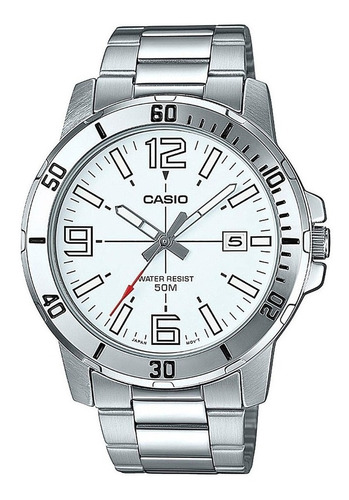 Relógio de pulso Casio Dress Mtp-vd01-1ev com corpo prateado,  analógico, para masculino, fundo  branco, com correia de aço inoxidável cor prateado, agulhas cor cinza, branco e vermelho, subdials de c