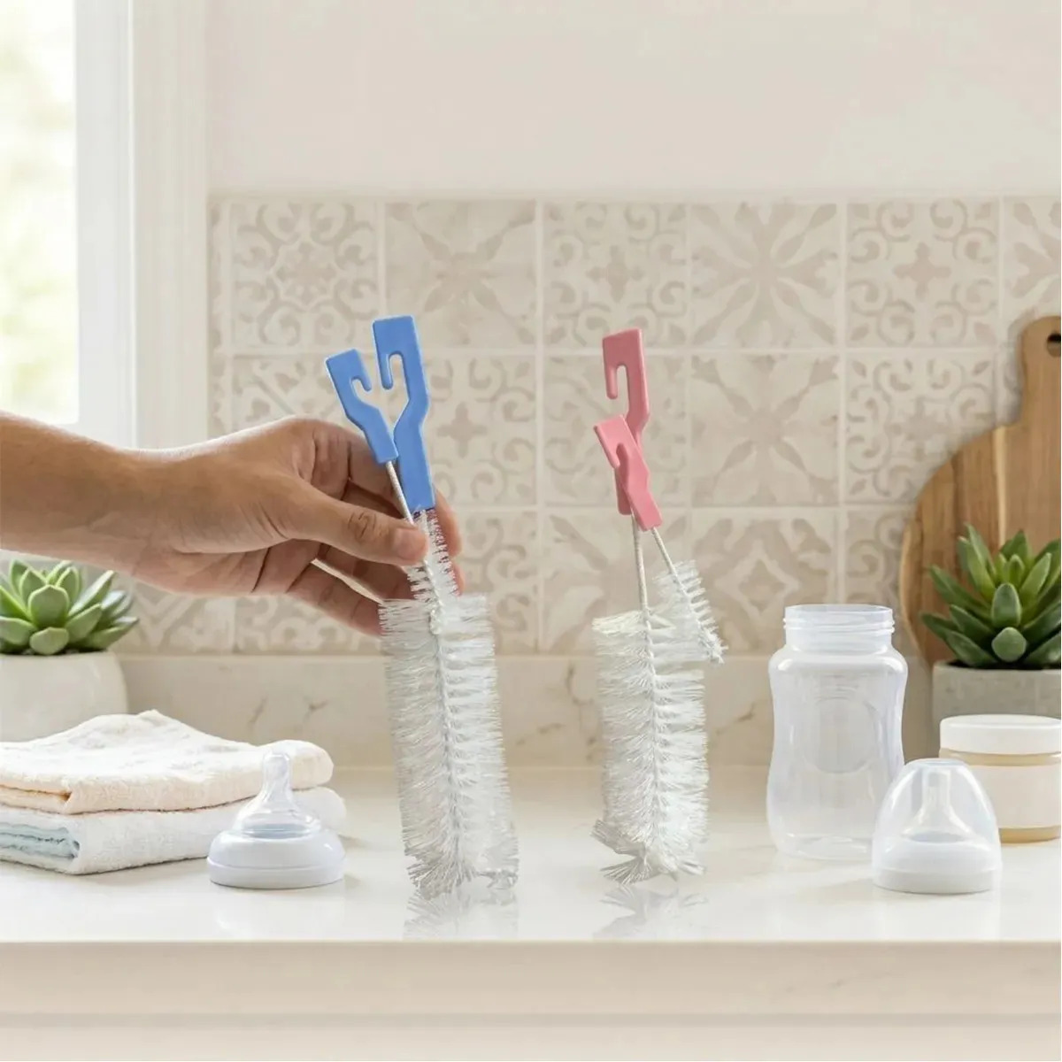 Kit Escovas para Mamadeira e Bico de Nylon com Limpa-Bico Rosa