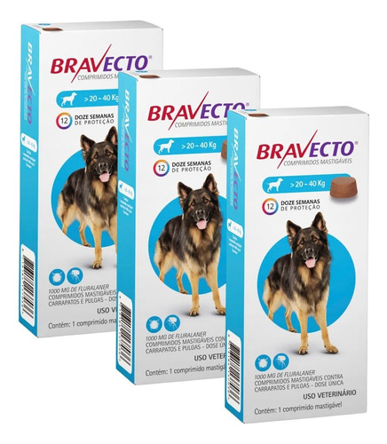 Kit 3 Bravecto Cães 20 A 40kg Total 3 Comprimidos - Original