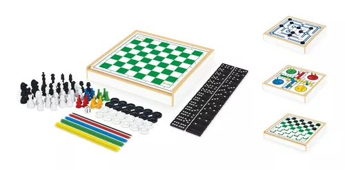 Conjunto 6x1 jogos tabuleiro xadrez damas trilha ludo junges