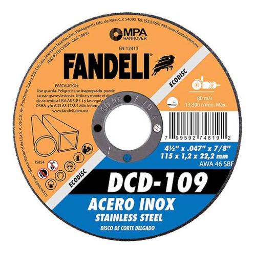 Disco Corte 4½x3/64x7/8 Inox Eco Dcd-109 Fandeli (400 Pzas.)