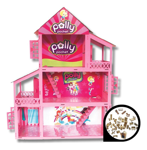 Casinha Polly Pintada Rosa E Branca+38pçs (móveis+parque)mdf