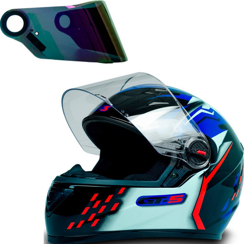 Imagem 1 de 5 de Capacete Moto Gt5 Azul Vermelho + Viseira Camaleão