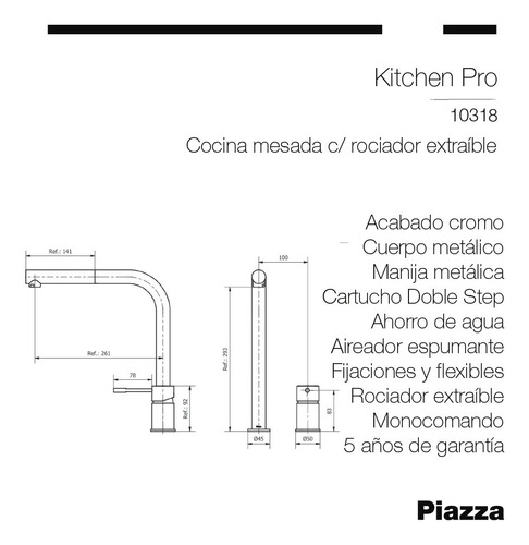 Grifería Cocina Piazza 10318 Monocomando Rociador Extraible