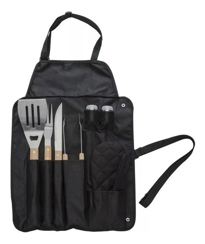 Imagem 8 de 9 de Kit Churrasco Inox 8 Peças Avental Preto De Nylon