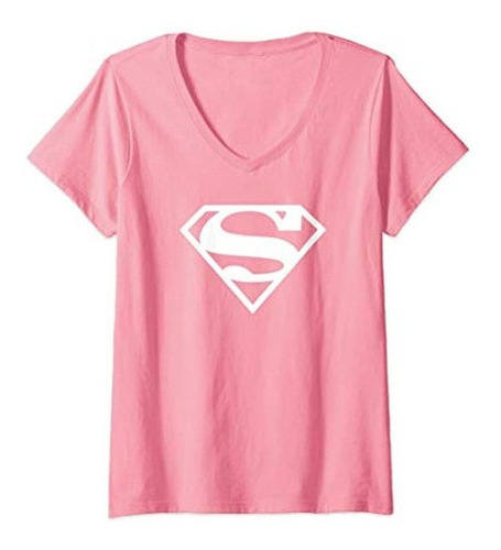 Supergirl Mujer Camiseta Blanca Y Rosa Con Cuello En V Escud