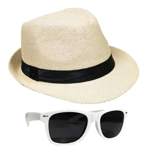 Combo Kit X 10 Uni Panama Sombrero Y Anteojos De Sol Blanco