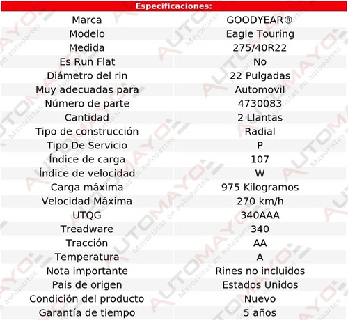 Set 2 Llantas Eagle Touring Goodyear 275/40r22 107w