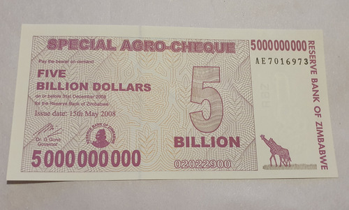 Zimbabwe Billete 5 Billion Dolar Agrocheque Sin Circular Unc