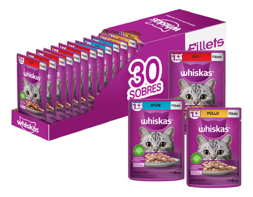 Whiskas pack alimento húmedo gato sabores atún carne pollo 30 sobres