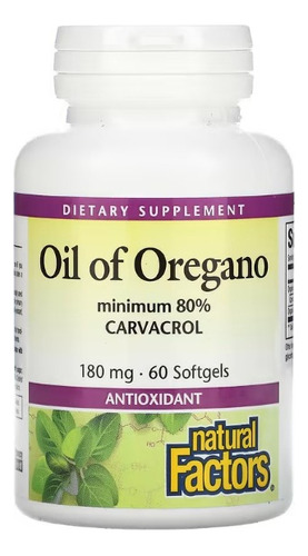 Natural Factors Óleo De Orégano 180mg 80% Carvacrol, 60 Caps Sabor Sem sabor